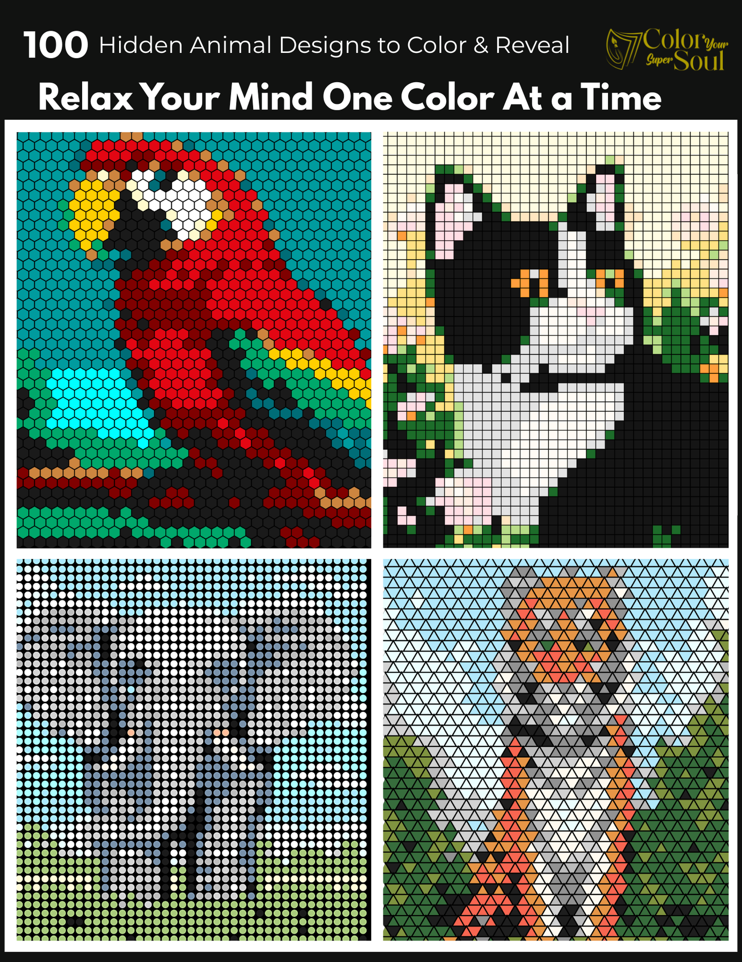 Mystery Mosaic Animals Coloring Book for Adults & Teens | Reveal 100 Hidden Animal Designs One Color at a Time